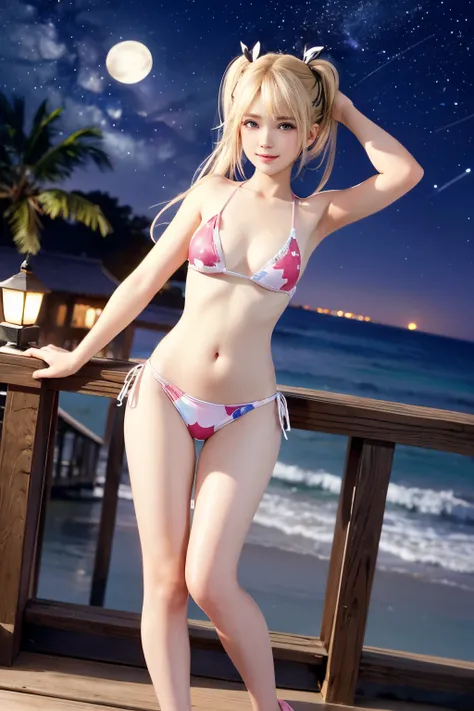 FULL BODYSHOT、an oil painting、​masterpiece、top-quality、hight resolution、side poneyTail、Bunching your hair with scrunchies、Cheerful woman、A smile、Coast at night、night sky full of stars、pink bikinis、Bikini with heart print