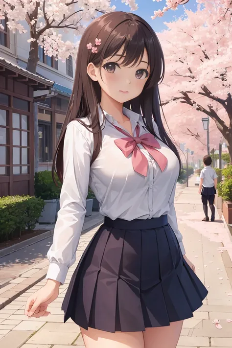 masterpiece, best quality, high resolution, extremely detailed, detailed background, cinematic lighting, 1girl, cute, medium breasts, school uniform, skirtlift, public indecency, looking at viewer, buildings, outdoor, cherry blossoms, bokeh,