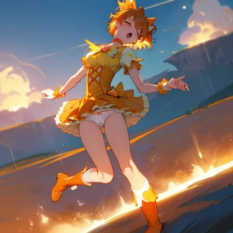 precure, one side up, short hair, hair ribbon, frills, short sleeves, wrist cuffs, orange choker, orange boots, yellow skirt, solo, perfect anatomy, masterpiece, best quality, highres, big breast, :o, screaming, outdoor, scenery, closed eyes, tottering, to...