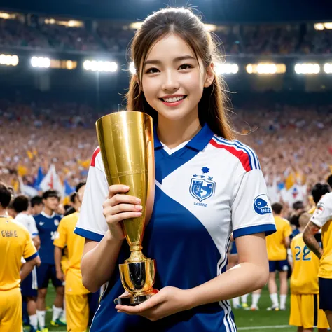 (top-quality、masutepiece、in 8K、Top image quality)、((1 French beauty、one french man、Face of the French))、(Blue soccer uniform with white and red accents:1.4)、(Uniforms with professionally designed colors、The most stylish uniforms designed by professionals:1...