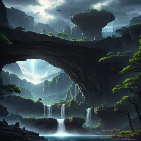 wakanda landscape，waterfallr，Fantasy Sky，Alien technology，cool black leopard