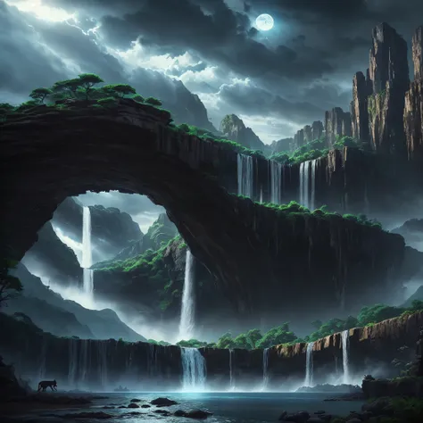 wakanda landscape，waterfallr，Fantasy Sky，Alien technology，cool black leopard