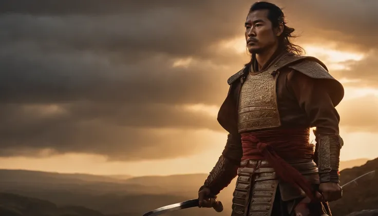 a samurai warrior with two swords, flowing black hair, piercing eyes, and a strong build,standing on a rocky cliff overlooking a vast grassy field and a beautiful sunset. The warriors swords are gleaming, reflecting the warm hues of the setting sun. The sc...