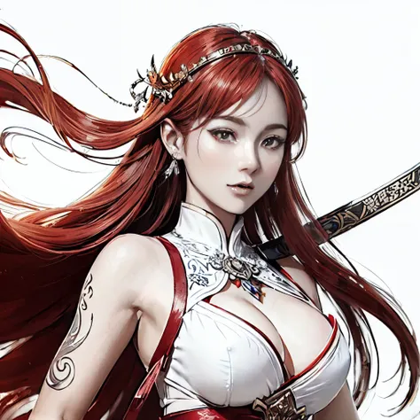 (Cloisonnism:1.2), White background , 1 close up of a woman in a costume holding a sword, a character portrait, fantasy art, extremely detailed ,hot fire goddess, red haired goddess, Oriental elements, reasonable design, Clear lines, (lineart, monochrome)