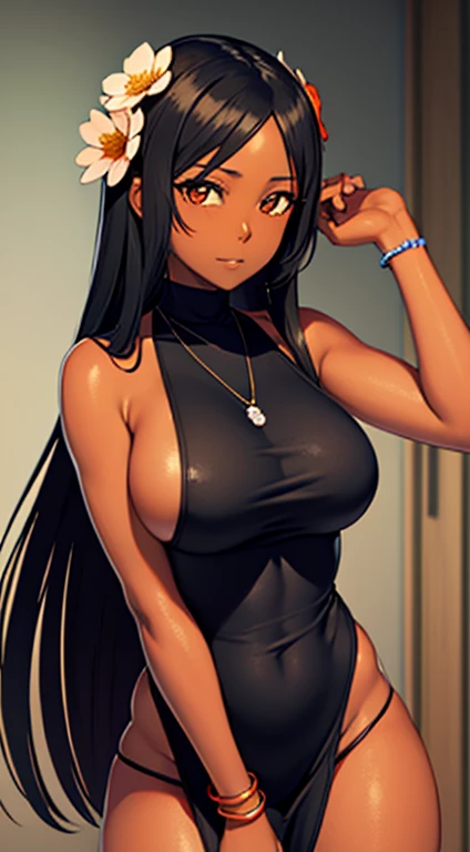 (masterpiece), best quality, expressive eyes, perfect face,black ebony skin,half naked, Black colour tied sleeveless dress, perfect shaped body,long hair, black hair, orange eyes,big sized boobs, black skin, ultra realistic detailed orange eyes, long and o...