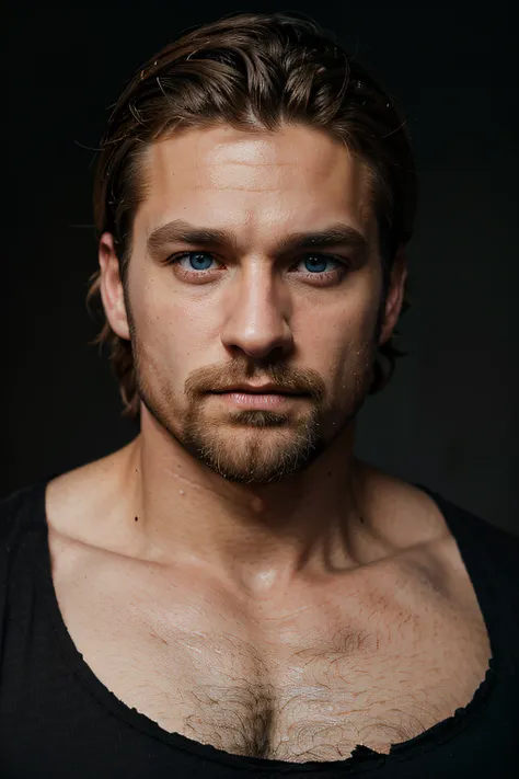 Portrait of a handsome guy model, 30 years, black t-shirt, Bareshes, with a beard, with short blond wavy hair, blue eyes, fat lips, defined muscles, fit, Torn hull, full plan, highest detailed face, Darmatic lighting, low key light