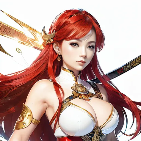 (Cloisonnism:1.2), White background , close up of a woman in a costume holding a sword, a character portrait, fantasy art, extremely detailed ,hot fire goddess, red haired goddess, Oriental elements, reasonable design, Clear lines, (lineart, monochrome)