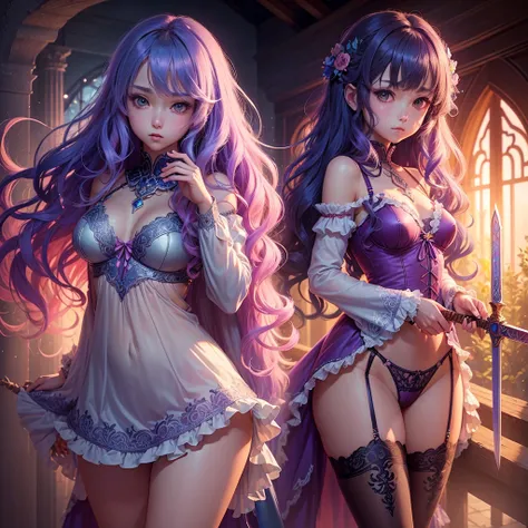 (aesthetic,anime),sword and magic world, (cute, kawaii) girl, (flowy, wavy) hair, (detailed, intricate) lingerie, (sneaky, secretive) looking, (mystical, enchanted) atmosphere, (magical, ethereal) lighting, (pastel, vibrant) colors