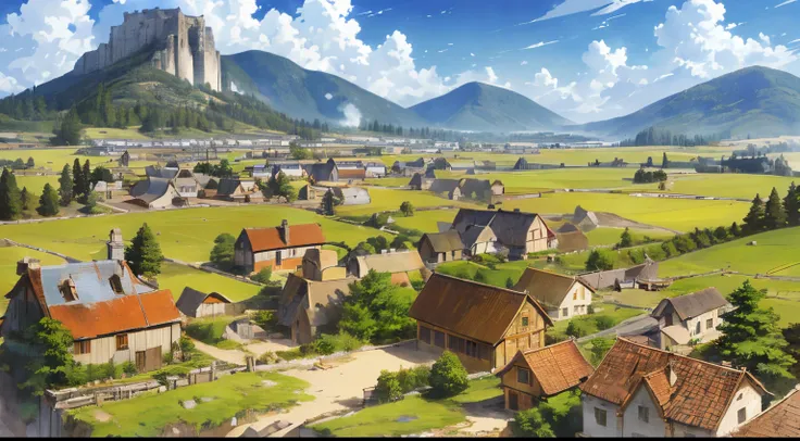 ((masutepiece)),((Best Quality)),((high detailing)),((Realistic,)) ((ultra-detailliert)) landscape of a small medieval town, Ghibli style illustration, aeria view, Beautiful sky, deformed clouds, 1.3:pine trees, Mills,  stockpiles