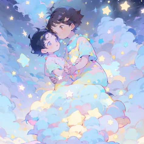 galaxy,((2 boys)),2 boys floating through space, both have black hair and are of the same age, spacesuits,black hair,planets,stars,cats, holding hands,kawaiitech,cute,cute colors,pastel colors,kawaii,flat colors,cute flat coloring,((purple focus))),perfect...