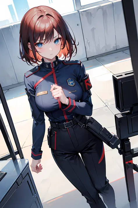 1girl, adult woman, short red/brown hair, blue eyes, stern look, athletic build, wearing military style blue police tunic, military cut trousers, scanner device over 1 eye, office, absurdes, high res, ultrasharp, 8k, masterpiece, looking at viewer