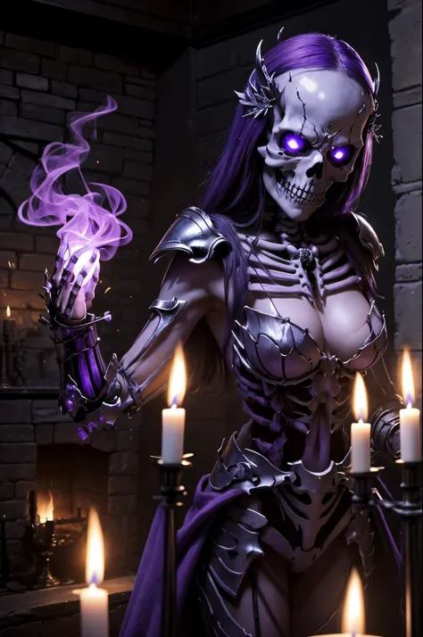 8K、There&#39;s a female skeleton wearing tattered armor in a dimly lit room.。(​masterpiece)Carry a sword and a shield、emits purple smoke from its body(purple glowing effects)make a scary face、devil&#39;s skeleton(exact details of the skeleton)A space full ...