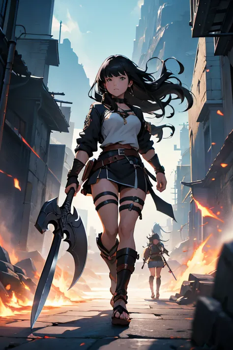 woman with wavy black hair and white bangs, and barbarian outfit cloth, long hair, stealth digital dungeons and dragons, anime art, , anime style 4 k, detailed digital anime art- anime art, aesthetic, holding a great axe, anime style 4 k, best anime 4k kon...