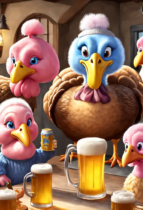 Cute big family of 6 turkeys drinking beer， Turkey grandpa and daddy in blue sweaters，grandma in yellow sweater，Mom in pink sweater，Colorful baby turkey，Foam rising from a large beer bottle，3 Rendering, Focus sharp, ultra-realistic realism, Fluffy, fantasy...