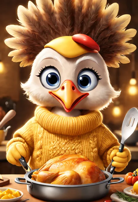 Brand advertising, Creative poster, Cooking cute turkey in stylish yellow sweater，Pixar Zwilling, 3 Rendering, Focus sharp, ultra-realistic realism, Fluffy, fantasy engine, 5 quality rendering, 3 Rendering, furry art,