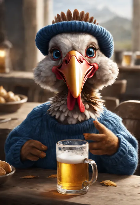 Brand advertising, Creative poster, Cute turkey wearing blue sweater ，Drinking beer， 3Drenderingof, Focus sharp, ultra-realistic realism, Fluffy, fantasy engine, 5 quality rendering, 3 Rendering, furry art,