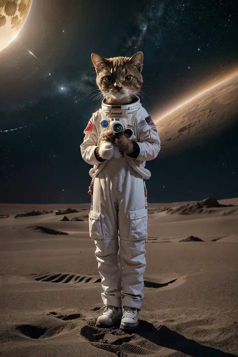 Crie uma imagem de um gato com roupas de astronauta caminhando em marte