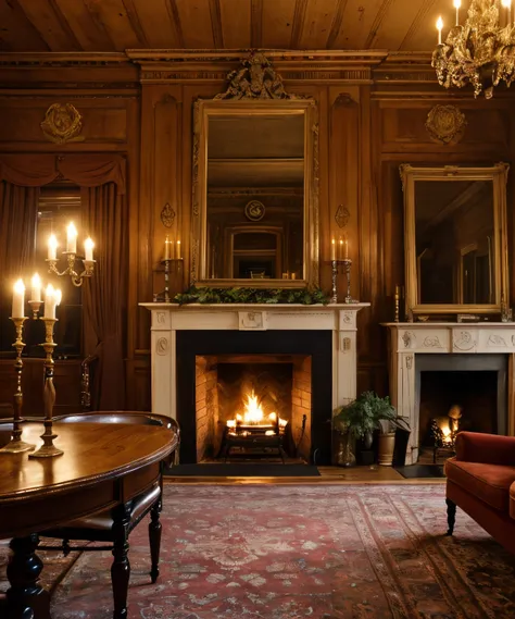 The interior of an old Victorian house, burning fireplace, oak table, candles, heavy drapes.