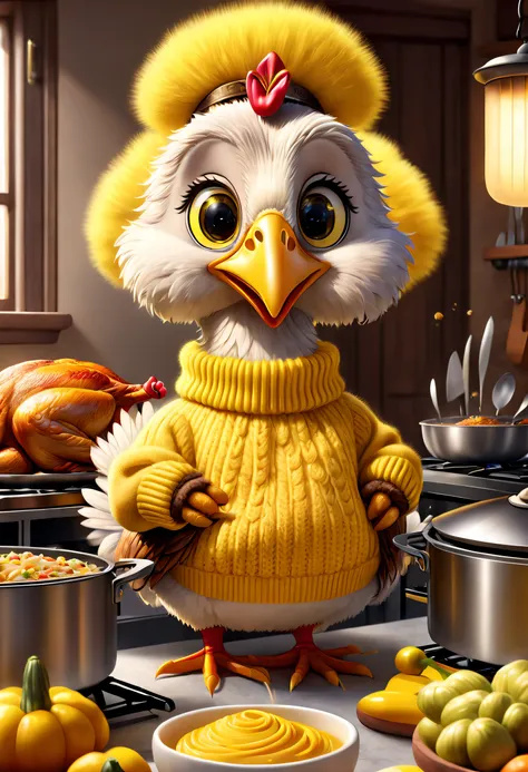 Brand advertising, Creative poster, Stylish cute turkey wearing yellow sweater cooking，Pixar Zwilling, 3Drenderingof, Focus sharp, ultra-realistic realism, Fluffy, fantasy engine, 5 quality rendering, 3 Rendering, furry art,