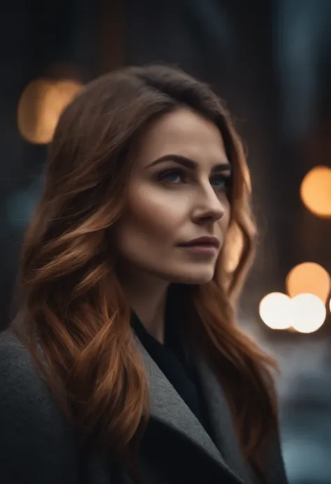 __hair color__, woman, city background, winter, professional, 4K, HD, UHD, 8K, high detail,