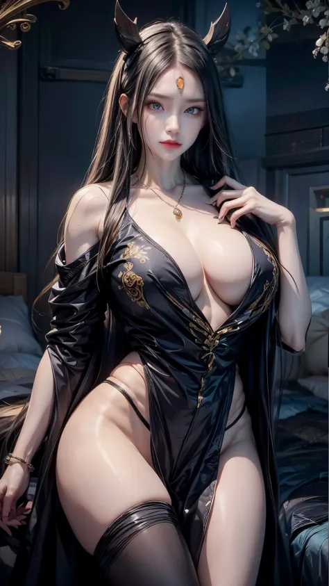 realistic, 1 women, best quality, 12k, HD, long hair, big round breasts, cleavage, ponytail, necklace, jewelry, shorts, short jacket, slim hips, hair tie, yellow eyes, black hair, super detailed, Eye details, hair details, person details, mouth details, fa...