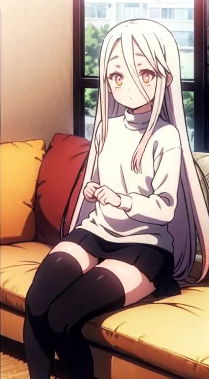 Small woman, long white hair, vibrant scarlet eyes, white turtleneck sweater, short black skirt, black stockings, sitting on the sofa in the living room with the kitchen visible in the background.