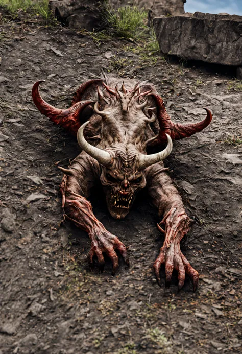 photographic realism of low horned demon lying on the ground. 8k.