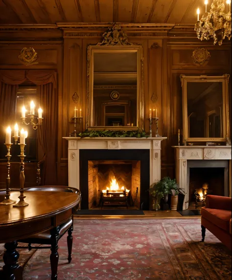 fireplace in a large room with a red sofa and table, warmly lit posh study, Fireplace lighting, rich lighting, Warm glow, classic lighting, Elegant and ornate, Warm interiors, Inside the grand piano, Warm interior lighting, Gothic mansion room, cozy firepl...