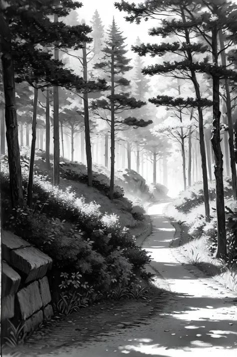 paisagem de bosque de carvalho, Charcoal sketch, detalhado