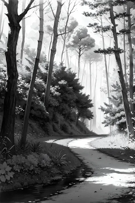 paisagem de bosque de carvalho, Charcoal sketch, detalhado