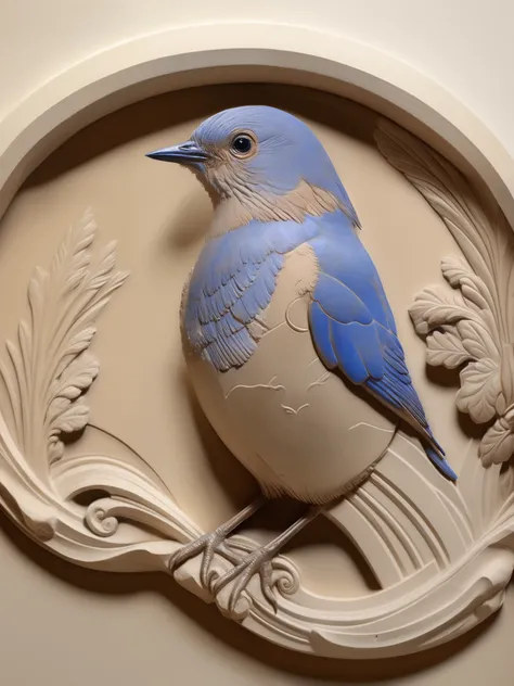 detailed wall plaster relief of western bluebird, plaster, bas relief, plaster relief, pastiche of [French neoclassicism, Louis XVI and Versailles], mixed style of [ Alphonse Mucha, claude michel]