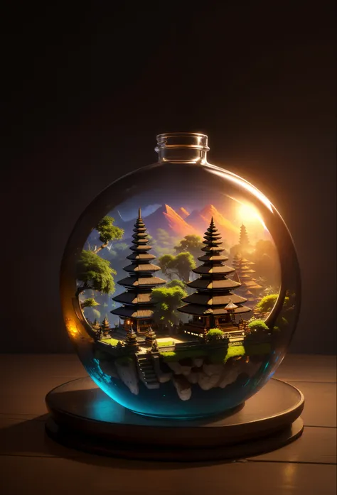 (An intricate Bali minitown landscape trapped in a bottle), atmospheric oliva lighting, on the  table, 4k UHD, dark vibes, hyper detailed, vibrant colours, epic composition, octane render, sharp focus, high resolution isometric