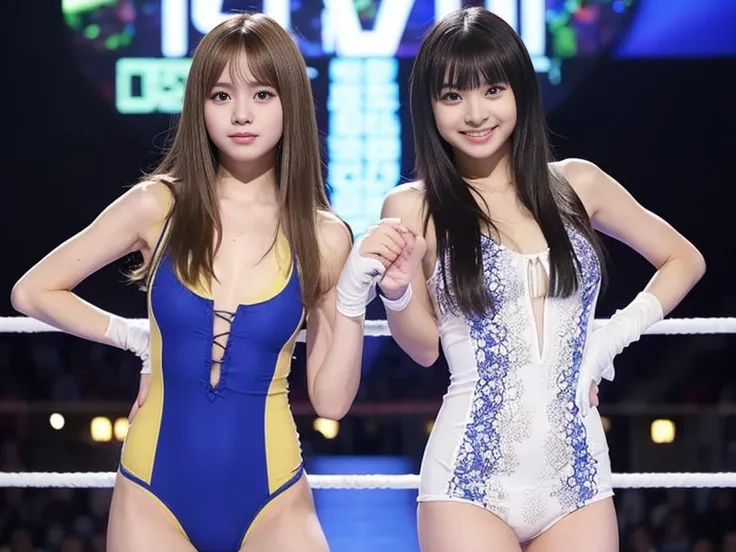 two cute girls with perfect bodies: 1.4, wrestling tag team,same outfit,14 and 15 years old,(Lori,lacy fabric,onepiece swimsuit, Very small breasts), Stand in the ring of professional wrestling,extremely detailed face and skin, Detailed eyes, Double eyelid...