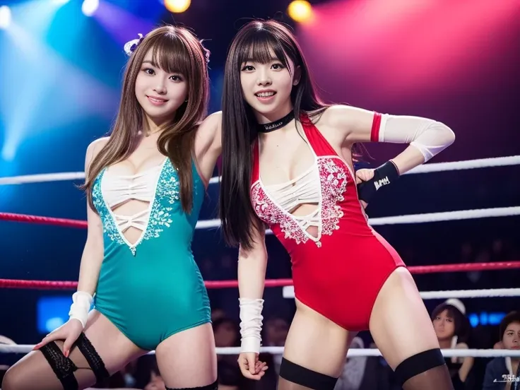 two cute girls with perfect bodies: 1.4, wrestling tag team,same outfit,14 and 15 years old,(Lori,lacy fabric,onepiece swimsuit, Very small breasts), Stand in the ring of professional wrestling,extremely detailed face and skin, Detailed eyes, Double eyelid...