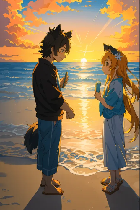 cover page, anime key visual, highres, top quality, best quality, paid reward available, High-quality illustrations, unparalleled masterpiece, perfect artwork, absurdres(family watching sunrise at the beach)(kemono werewolf family with two parents of diver...