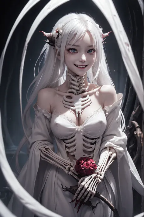 NSFW、blacklight、Real Art、extremely delicate and beautiful、ultra-detailliert、1girl、White hair、Vampires、yandere、macabre smile、(((eldritch horror、skeleton、Exposed bones、bleeding、undead、corrupt、torn flesh、bloods、bleed、eery、terrifying、The Monster、Move ki、Maniac...