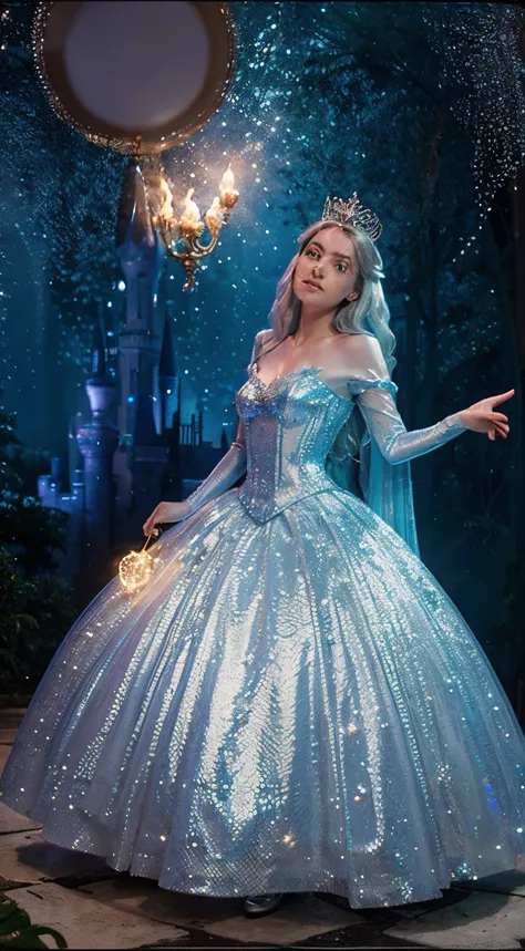 cinderela na disney em um castelo, com brilhos, Magical Elements, magica, desenhos, princesa, magic, cinematic, efeito glow, encantadora princesa de castelo da Disney, wrapped in magical sparkles, with a touch of the extraordinary 3D style characteristic o...