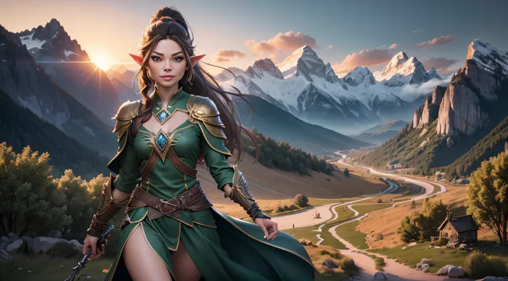 Kristin Kreuk with ponytail and green eyes is an elf dressed in green leather clothes all alone looking at the spectator. holding the golden ring of power with elven markings on it. smile. Sunset lighting. Mountains in the background. full body, Kinematic ...