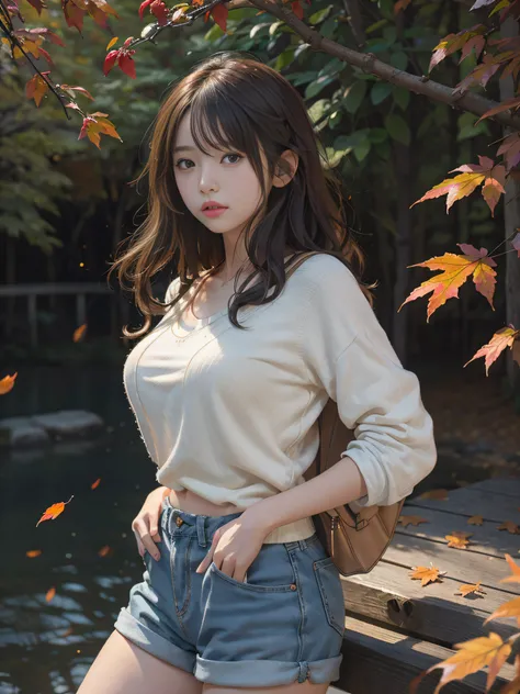 RAW image quality、8K分辨率、Ultra-high-definition CG images、Autumn leaves at night🍁、Moonlight、17 year old beautiful woman、Detailed beautiful eyes、Beautiful beautiful straight side sweep short hair、Clear skin, (Autumn High School Fashion)、shortpants, Colossal t...