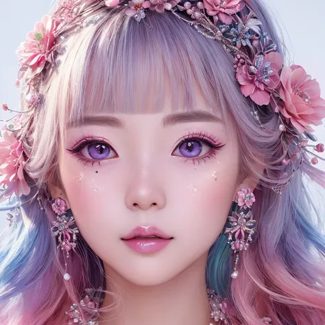 ((masutepiece)), (Best Quality), vivid 22eyes,extremely details CG, Unity 8k壁纸, ultra-detailliert, 
Fashion_girl,  Colorful hair,  Jewelry,  flower,  Bold makeup, silver and pink theme,  deepshadow,  The dim,  Shade, 
Portrait,