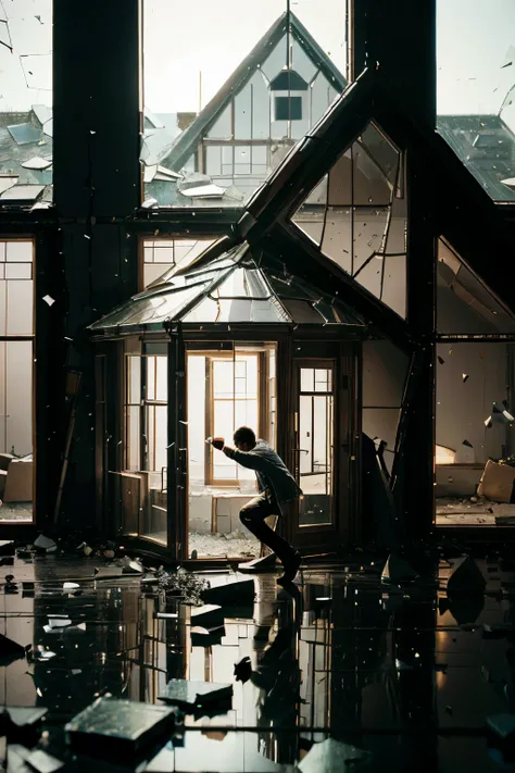 Man inside glass house, throwing stones shattering his house