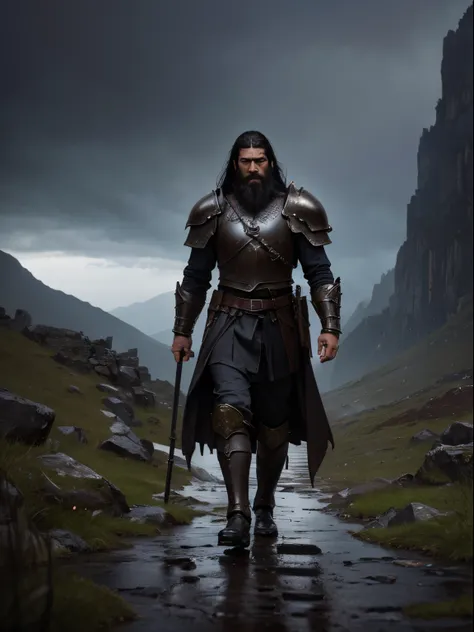 ((masterpiece, dark fantasy, best quality)), (camera from below), (1man), dark warrior walking on stony path, ((face to camera, camera from front)), dark mountains in the background, rainy evening, high details, (shadow, black hair, long beard, dark armour...