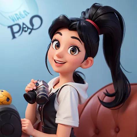 Pixar style portrait with 3D character of a woman with long black hair with ponytail holding a canon camera, Maquillaje de Disney,hermoso, sonriente ,primer plano, Pixar, Disney, cinema lighting,