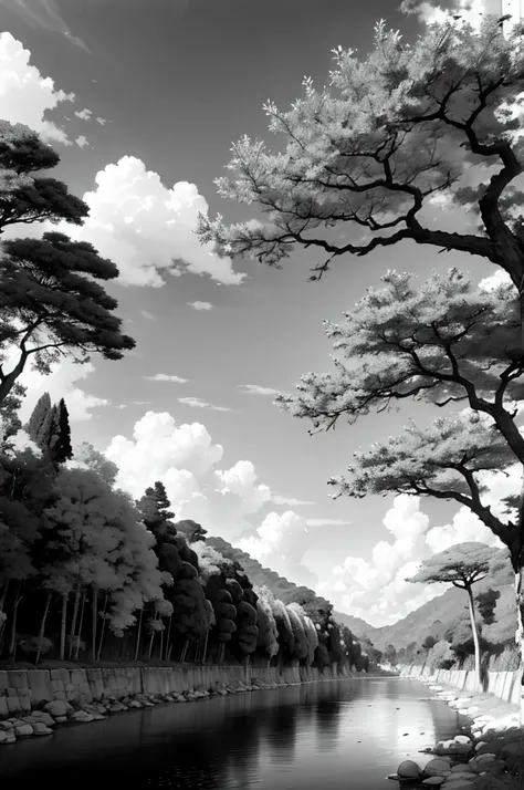 Paisagem de um rio com muitas pedras, B&W, charcoal drawing style, detalhado, Sky and trees.