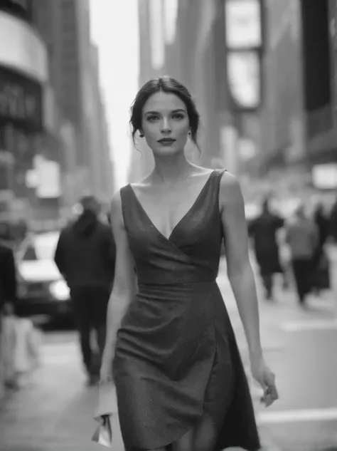 araffe woman walking down a busy city street in a dress, a black and white photo inspired by Peter Lindbergh, tumblr, digital art, in time square, standing in time square, street photo, 4x5 styled street photography, street photography style, shot with has...