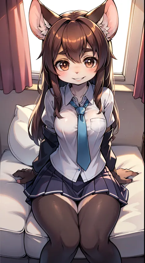 A charming and petite anthropomorphic female mouse dressed as a not so innocent and flirtatious student. She has long, curly brown hair with pink ribbons and ears. She is in a alluring pose on a couch in a dorm room. She is looking happy with dreamy brown ...