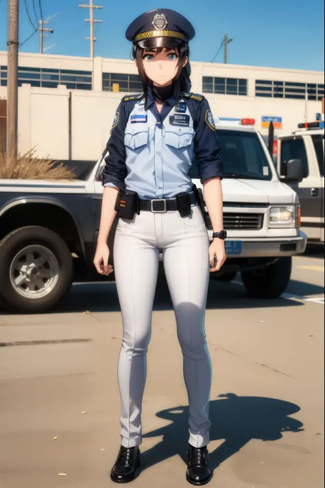 Cute girl, policewoman, wearing police uniform, full body, police, in-depth details,winter season, pistol, Iraqi police clothing