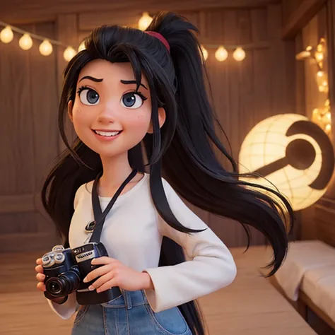 Pixar style portrait with 3D character of a woman with long black hair in a ponytail holding a canon camera, Maquillaje de Disney,hermoso, sonriente ,primer plano, Pixar, Disney, cinema lighting,