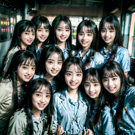 a picture、(((multiple girls))),((((6+girls))))、((10 girls))、The same face、matching school uniform、12 years old、Long black hair、10 cute girls、a smile、Selfie stick、‎Classroom、Raw photo、same person、Doppelganger、(group portraits)、a junior high school student