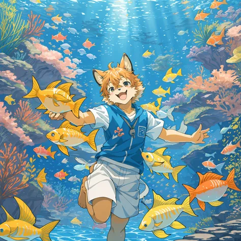 cover page, anime key visual, highres, top quality, best quality, paid reward available, High-quality illustrations, unparalleled masterpiece, perfect artwork, absurdres, super high resolution, detailed background, An aquarium where colorful fish swim, 6+b...